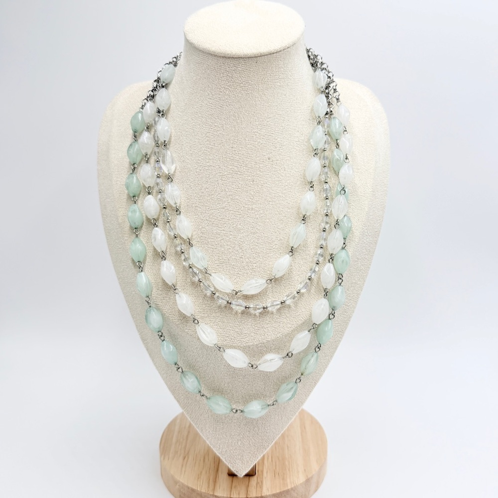 Mint Green & White Multi Strand Beaded Necklace Silver Tone